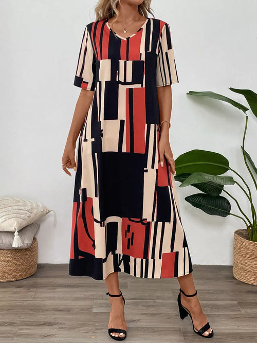 Abstract Geometric Print V-Neck Midi Dress - YSONA