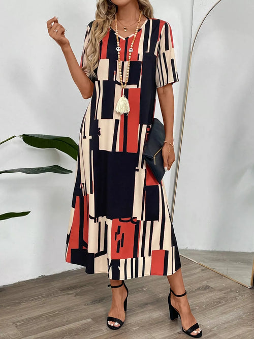 Abstract Geometric Print V-Neck Midi Dress - view 2