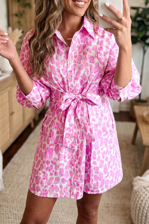 Abstract Leopard Print Tie Waist Puff Sleeve Mini Shirt Dress - YSONA