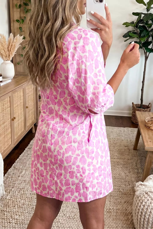 Abstract Leopard Print Tie Waist Puff Sleeve Mini Shirt Dress - view 2