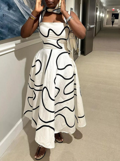 Abstract Print Square Neck Midi Dress - YSONA