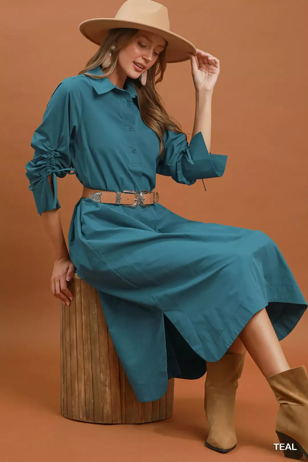 YSONA Umgee Collared Button Detail Relaxed Midi Dress — detail view | Women's Dress | Shop YSONA
