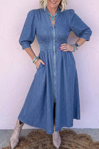 YSONA V Neck Shirred Waist Metal Zipper Denim Midi Dress — front view | Women's Dress | Shop YSONA