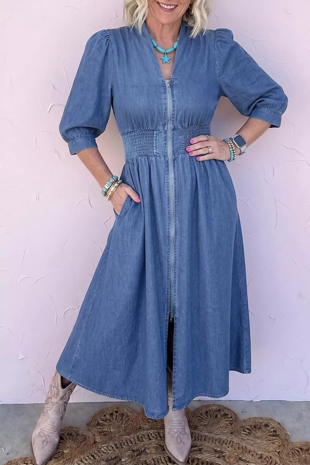 YSONA V Neck Shirred Waist Metal Zipper Denim Midi Dress — front view | Women's Dress | Shop YSONA