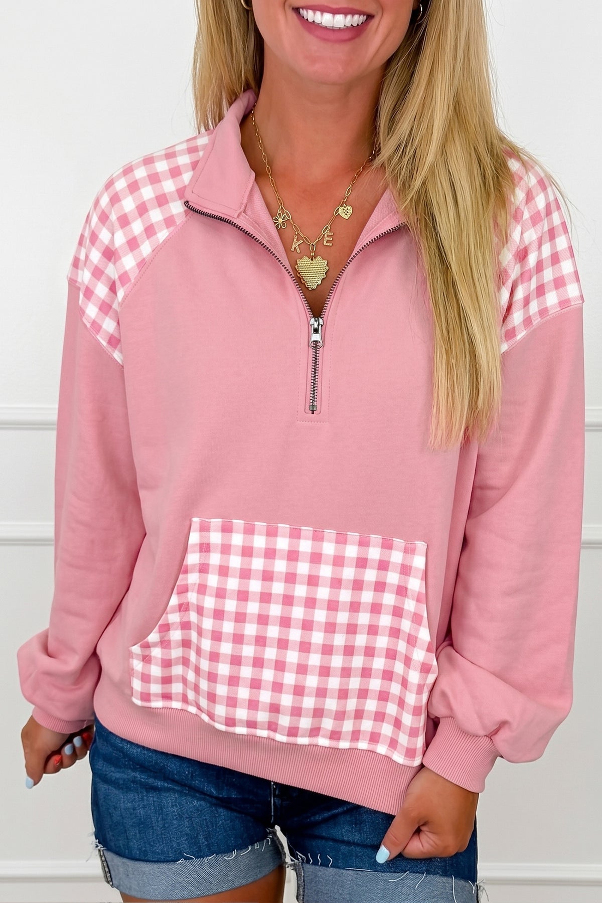 Dark Green Patchwork Plaid Pocket Quarter Zip Sweatshirt