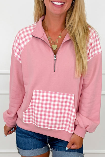 Dark Green Patchwork Plaid Pocket Quarter Zip Sweatshirt