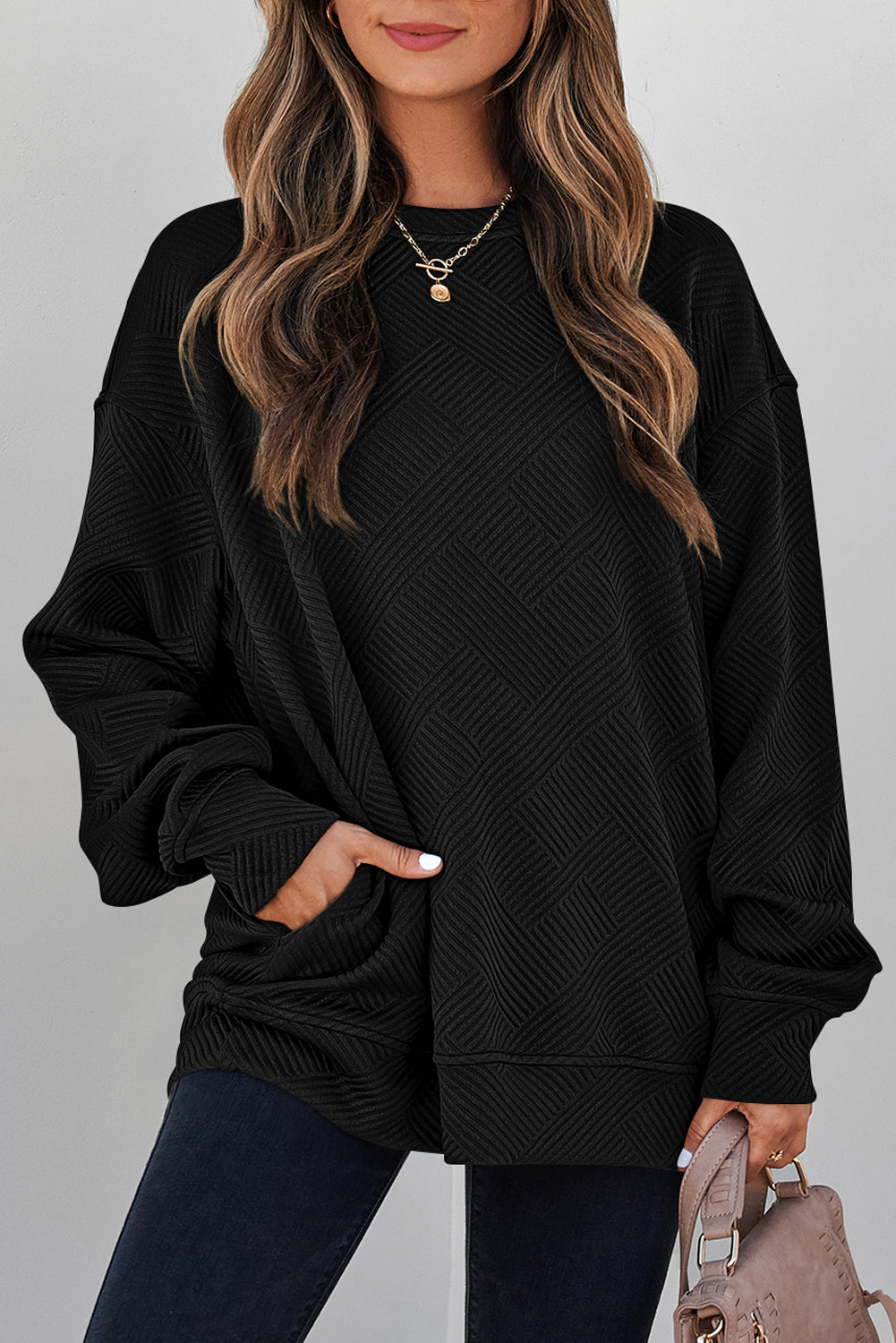 Parchment Solid Color Textured Round Neck Drop Shoulder Pullover Sweatshirt