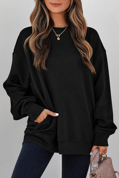 Parchment Solid Color Textured Round Neck Drop Shoulder Pullover Sweatshirt