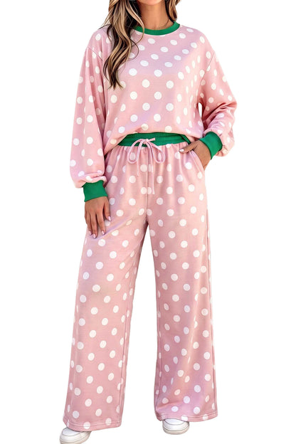 Sky Blue Polka Dot Contrast Trim Long Sleeve Top Drawstring Shift Pants Set