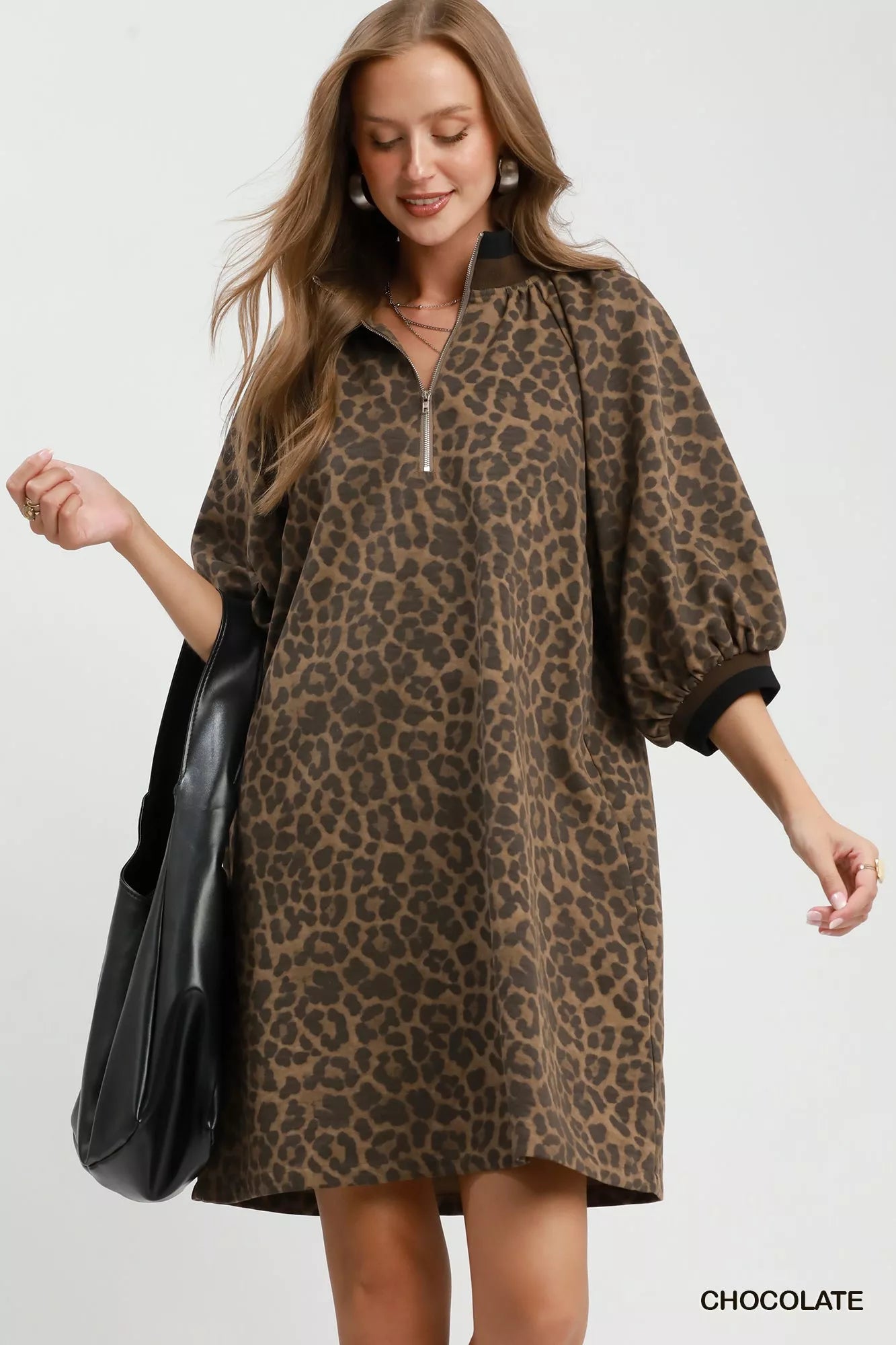 YSONA Umgee Leopard Print Quarter Zip Puff Sleeve Mini Dress — front view | Women's Dress | Shop YSONA