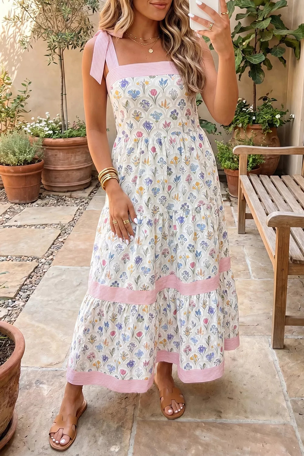 YSONA Tiered Floral Tie Shoulder Midi Dress — front view | Women's Dress | Shop YSONA