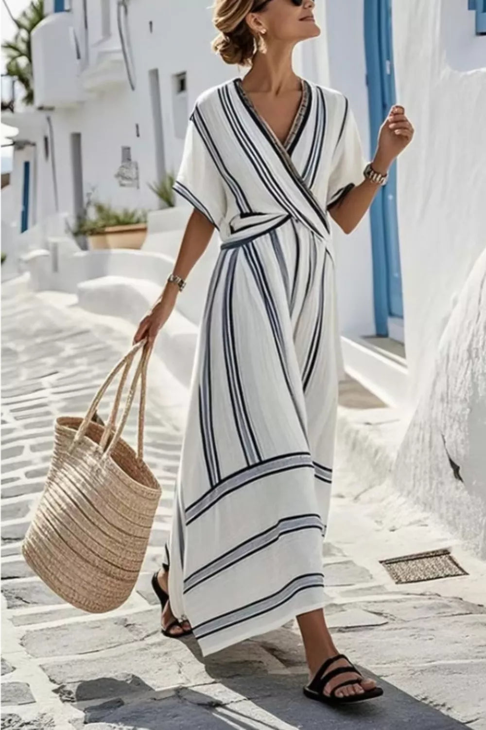 YSONA Striped Wrap Half Sleeve Maxi Dress — front view | Women's Dress | Shop YSONA