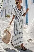 YSONA Striped Wrap Half Sleeve Maxi Dress — front view | Women's Dress | Shop YSONA
