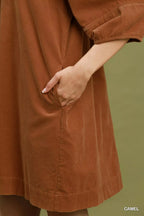 YSONA Umgee Corduroy V-Neck Puff Sleeve Shift Dress with Pockets — detail view | Women's Dress