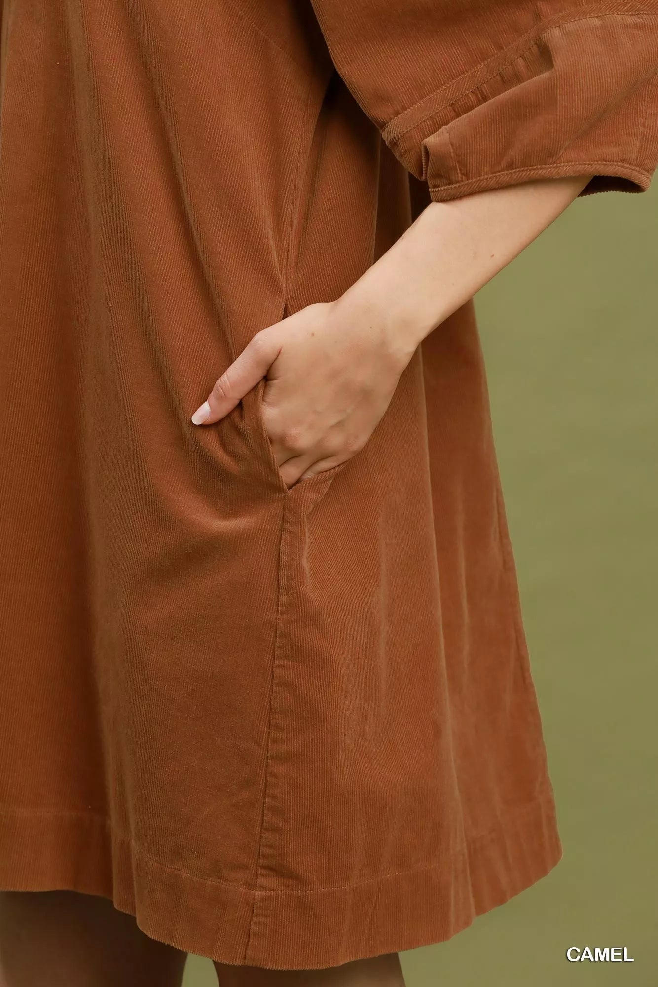 YSONA Umgee Corduroy V-Neck Puff Sleeve Shift Dress with Pockets — detail view | Women's Dress