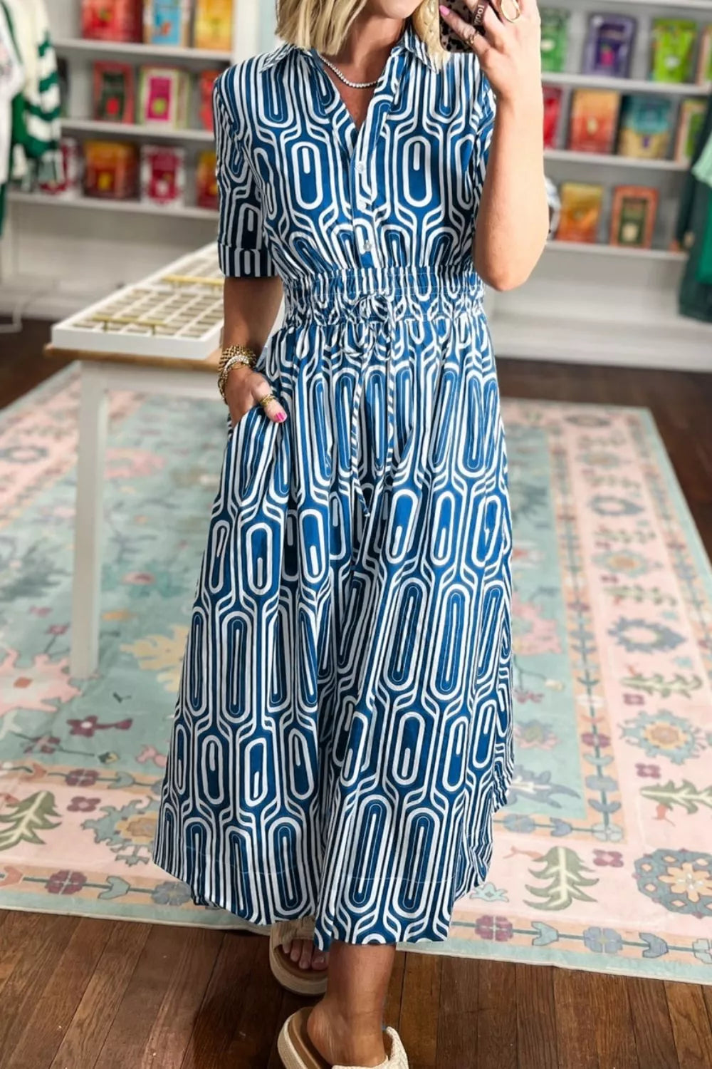 YSONA Geometric Print Short Sleeve Drawstring Shirt Collar Dress — side view | Women's Dress