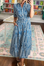 YSONA Geometric Print Short Sleeve Drawstring Shirt Collar Dress — side view | Women's Dress
