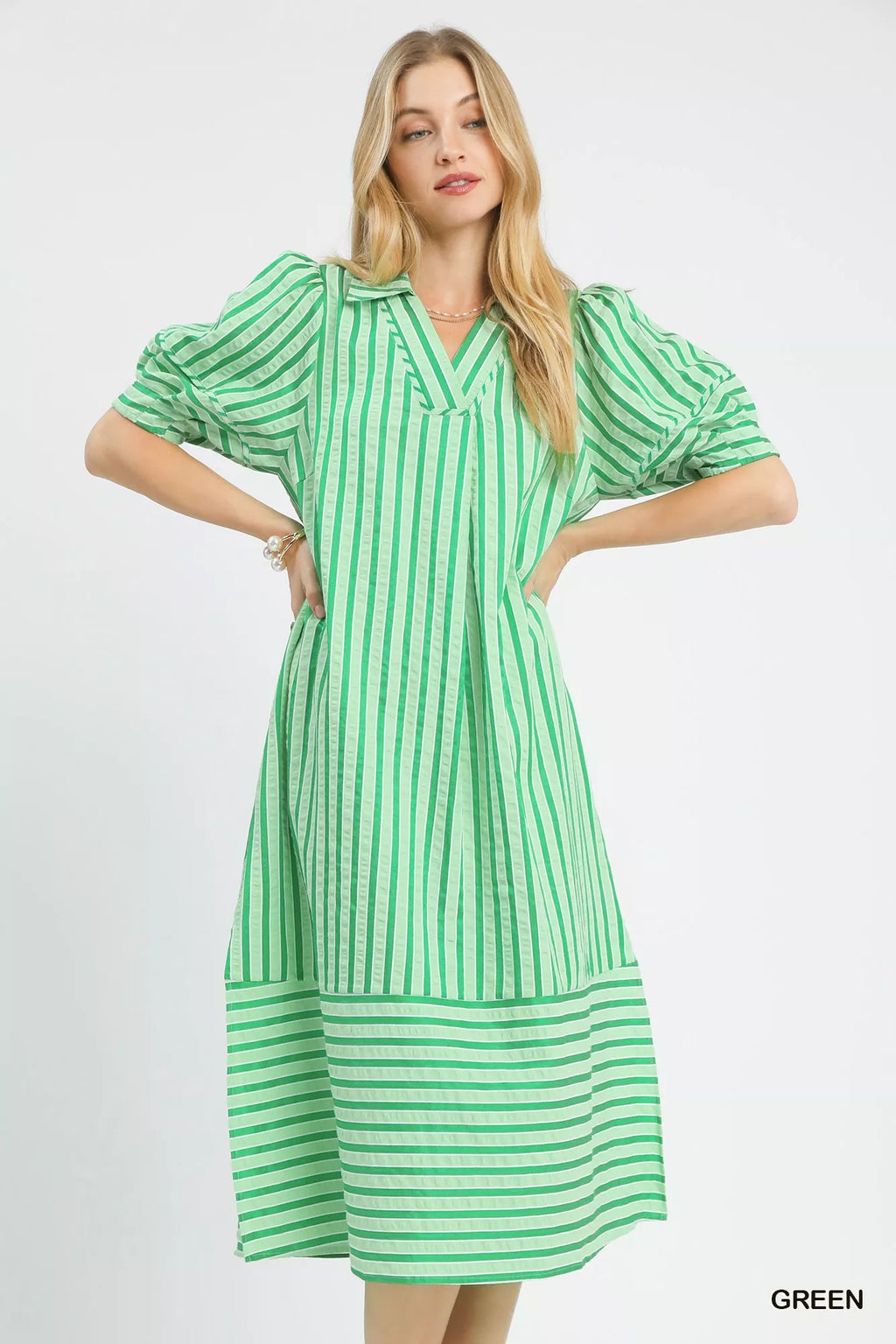 YSONA Umgee Striped Puff Sleeve Midi Dress — front view | Women's Dress | Shop YSONA