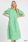 YSONA Umgee Striped Puff Sleeve Midi Dress — front view | Women's Dress | Shop YSONA