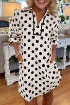 YSONA Polka Dot Half Sleeve Collar V Neck Pocketed Casual Mini Dress — front view | Women's Dress