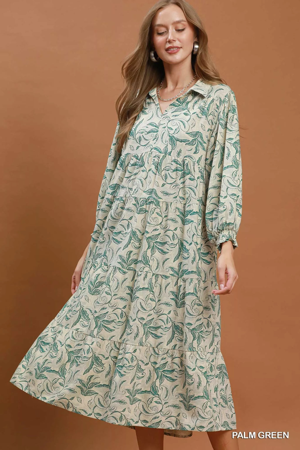 YSONA Umgee Linen Botanical Print Tiered Midi Dress — front view | Women's Dress | Shop YSONA