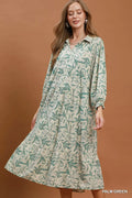 YSONA Umgee Linen Botanical Print Tiered Midi Dress — front view | Women's Dress | Shop YSONA