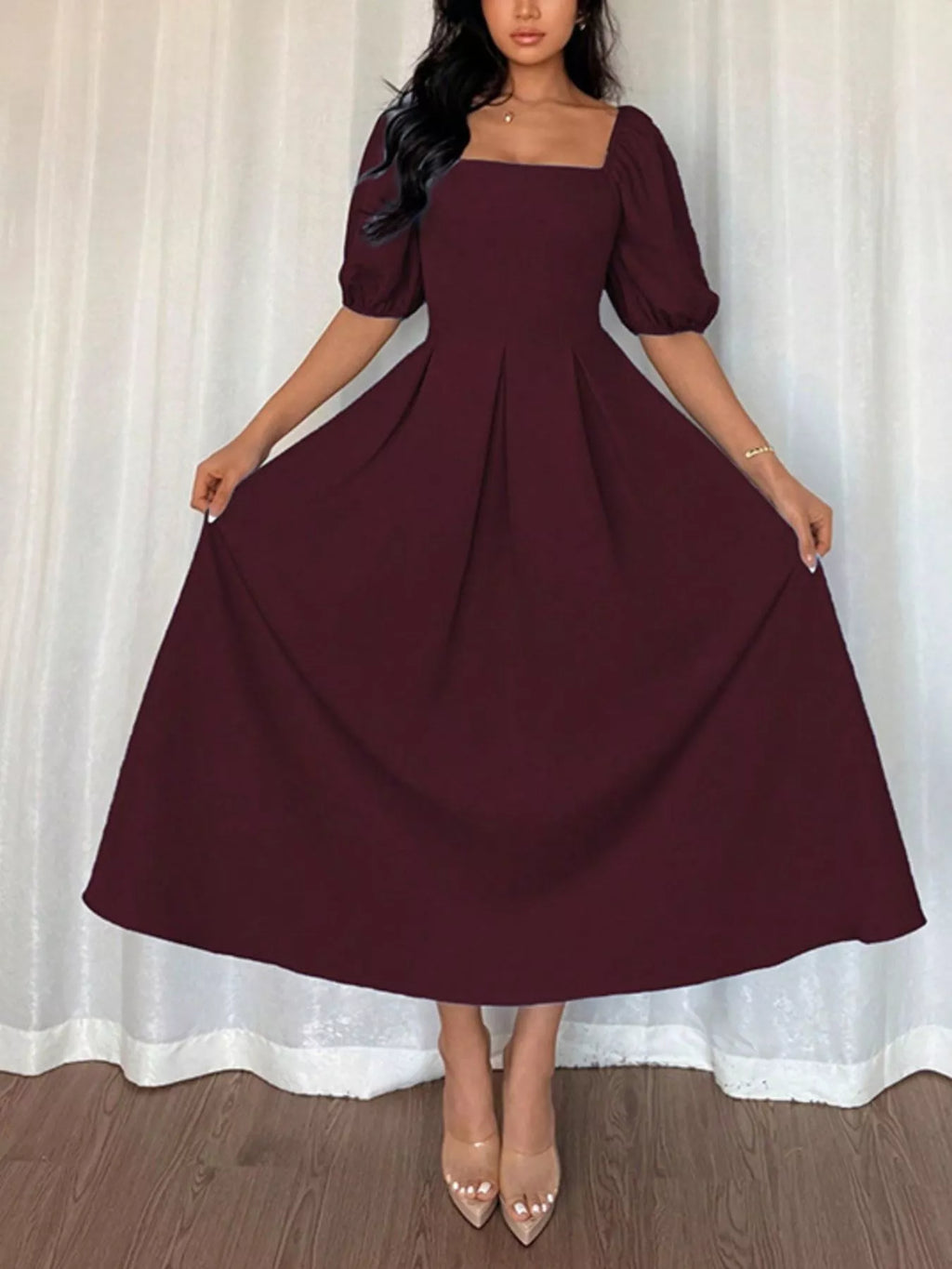 YSONA Square Neck Flutter Sleeve Midi Dress — side view | Women's Dress | Shop YSONA