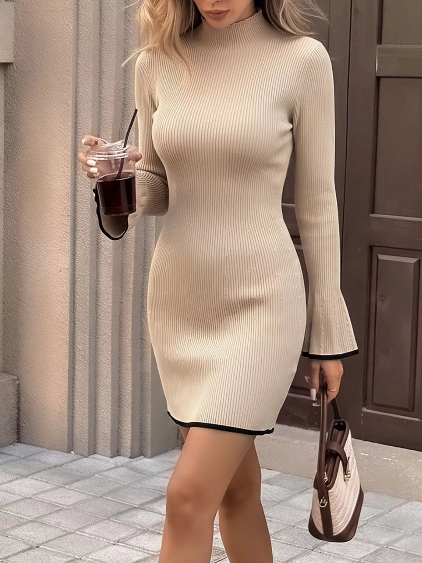 YSONA Ribbed Mock Neck Flare Sleeve Sweater Dress — back view | Women's Dress | Shop YSONA