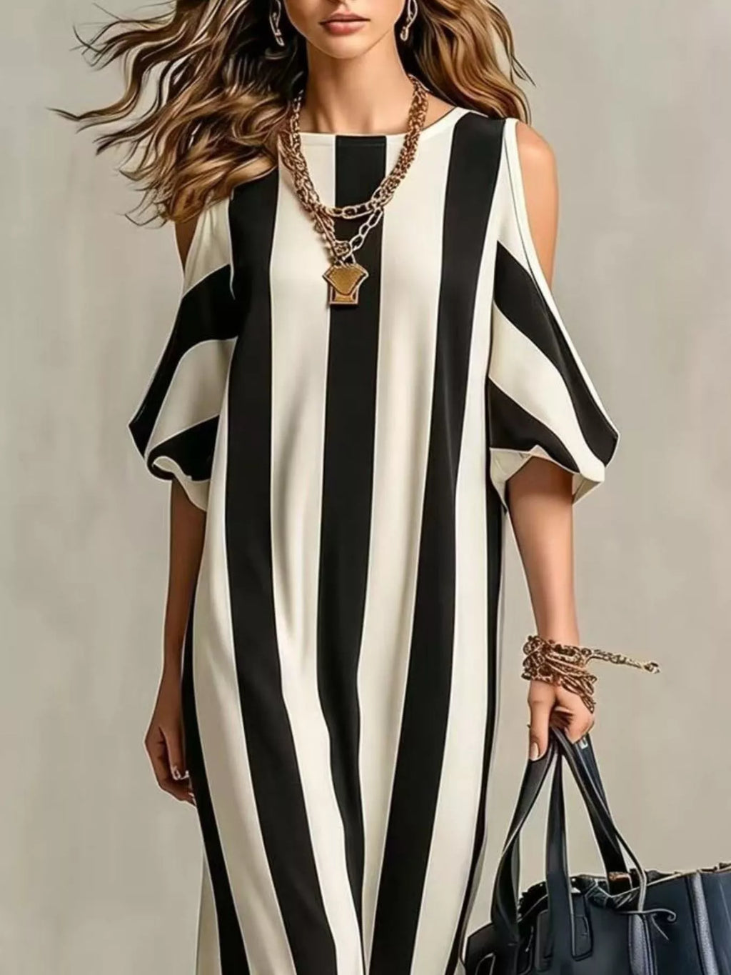 YSONA Striped Cold Shoulder Maxi Dress — detail view | Women's Dress | Shop YSONA