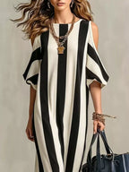 YSONA Striped Cold Shoulder Maxi Dress — detail view | Women's Dress | Shop YSONA