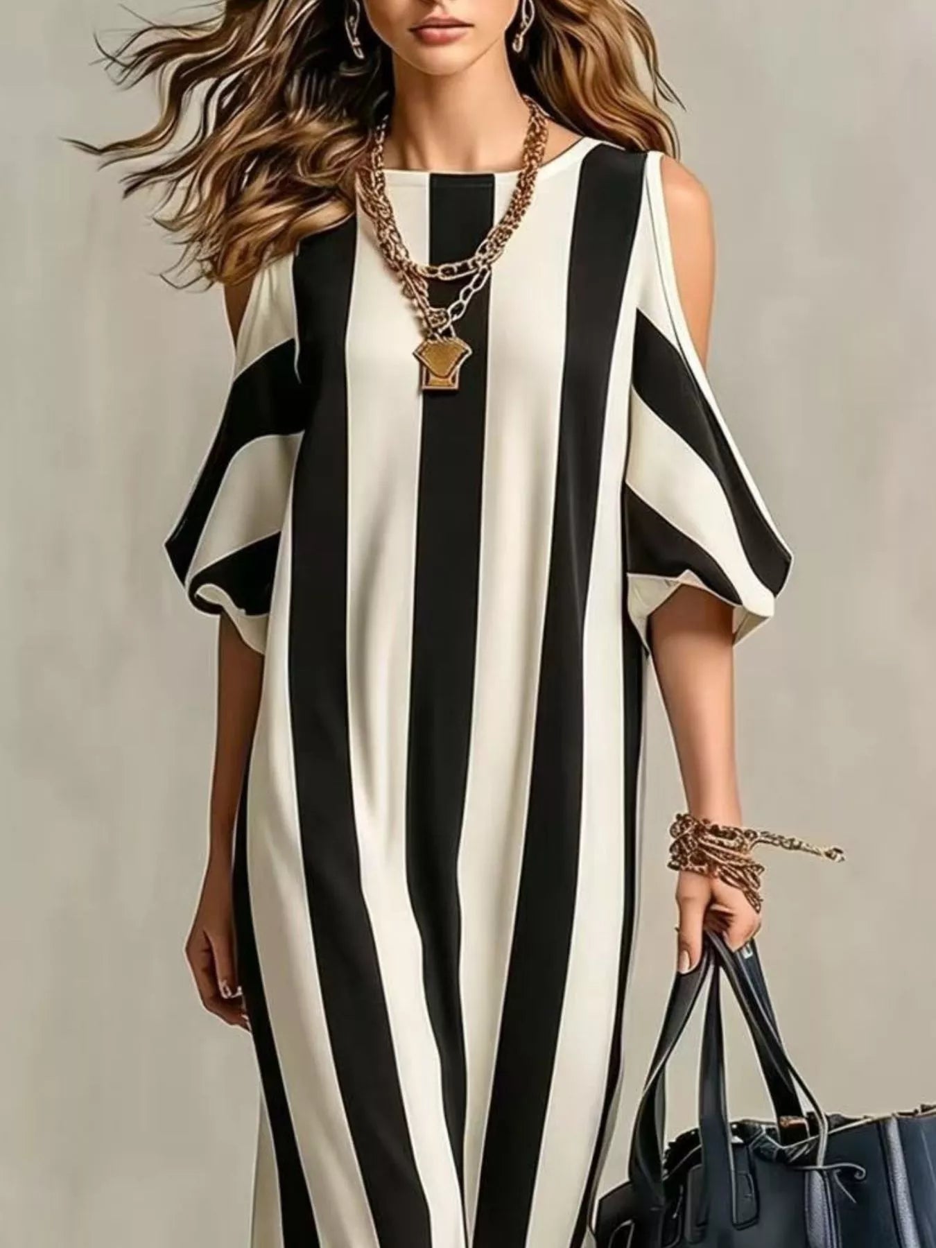 YSONA Striped Cold Shoulder Maxi Dress — detail view | Women's Dress | Shop YSONA