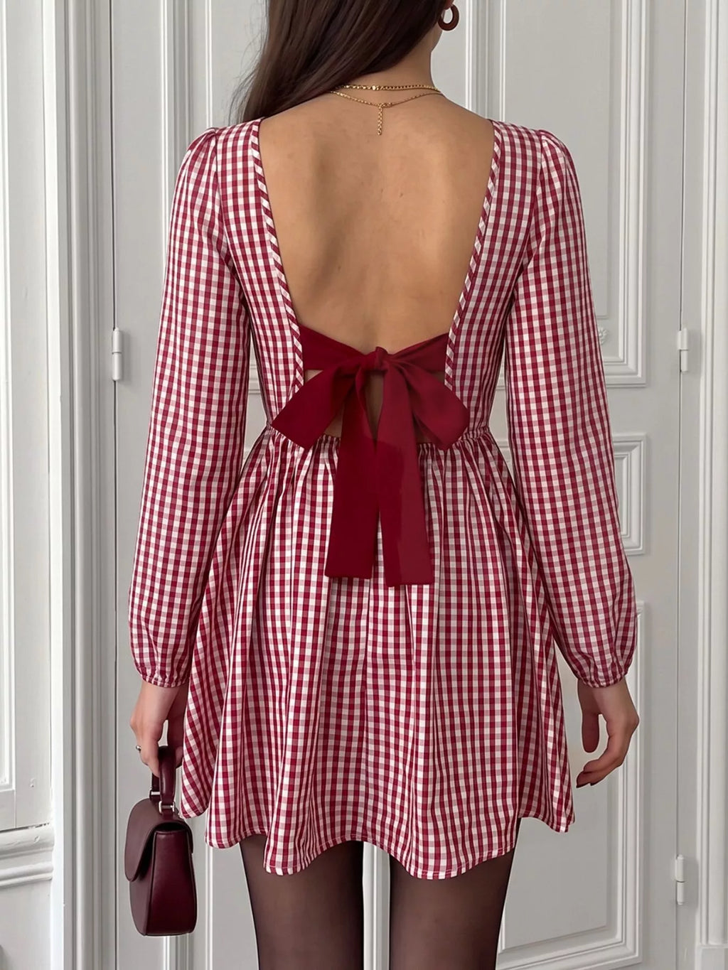 YSONA Backless Plaid Long Sleeve Dress — close-up view | Women's Dress | Shop YSONA
