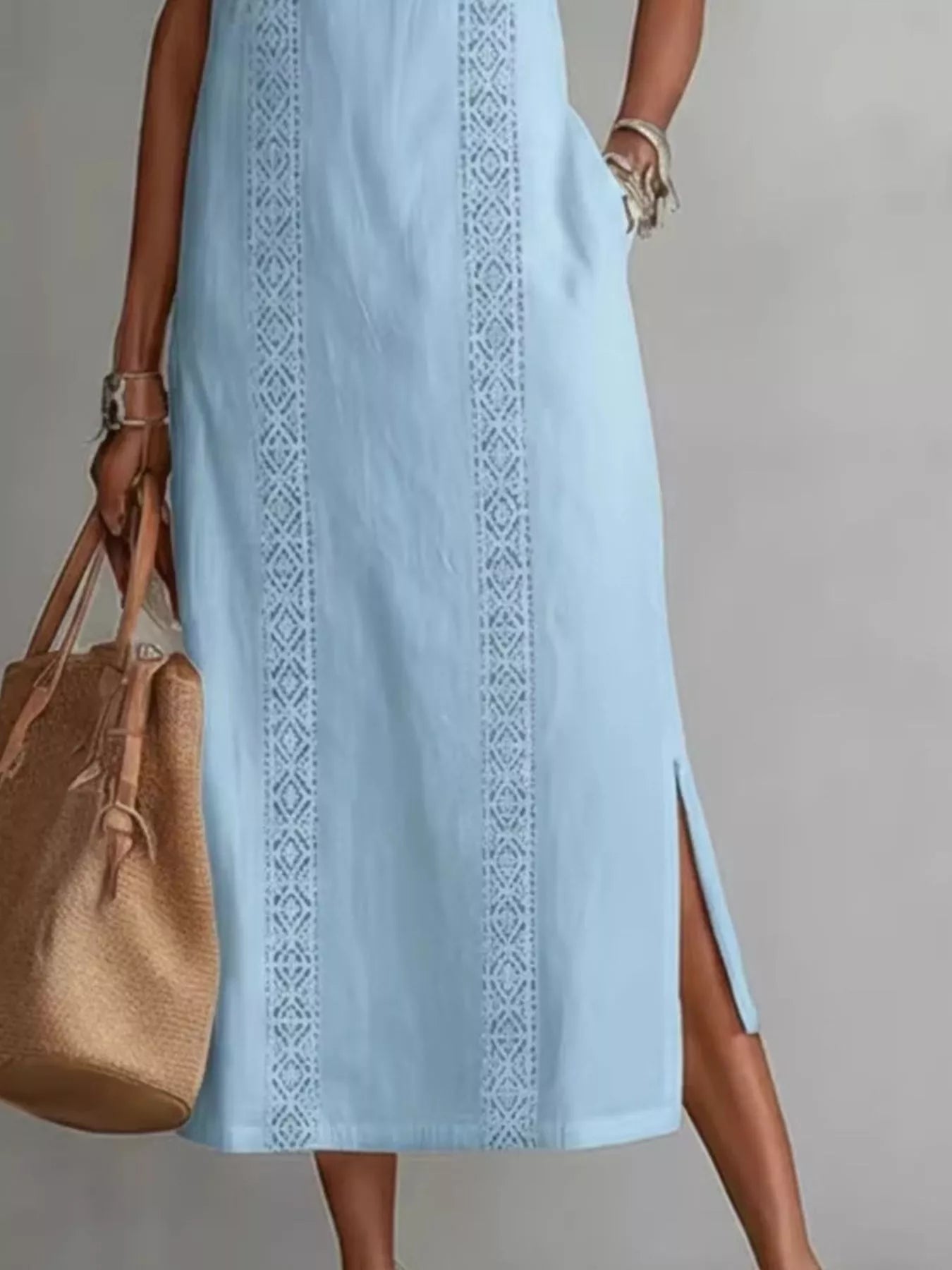 YSONA Full Size Sleeveless Lace Trim Midi Dress Plus Size — close-up view | Women's Dress