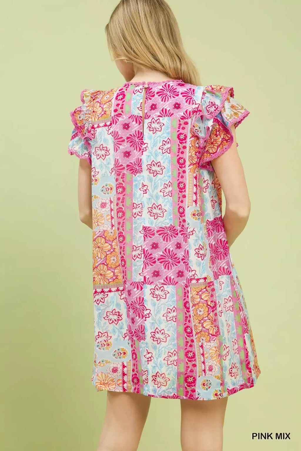 YSONA Umgee Mix Patchwork Flutter Sleeve Mini Dress — side view | Women's Dress | Shop YSONA