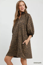 YSONA Umgee Leopard Print Quarter Zip Puff Sleeve Mini Dress — back view | Women's Dress | Shop YSONA