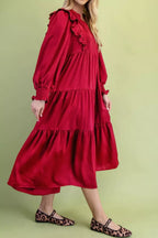 YSONA Solid Color Ruffle Trim Long Sleeve Tiered Shift Midi Dress — detail view | Women's Dress