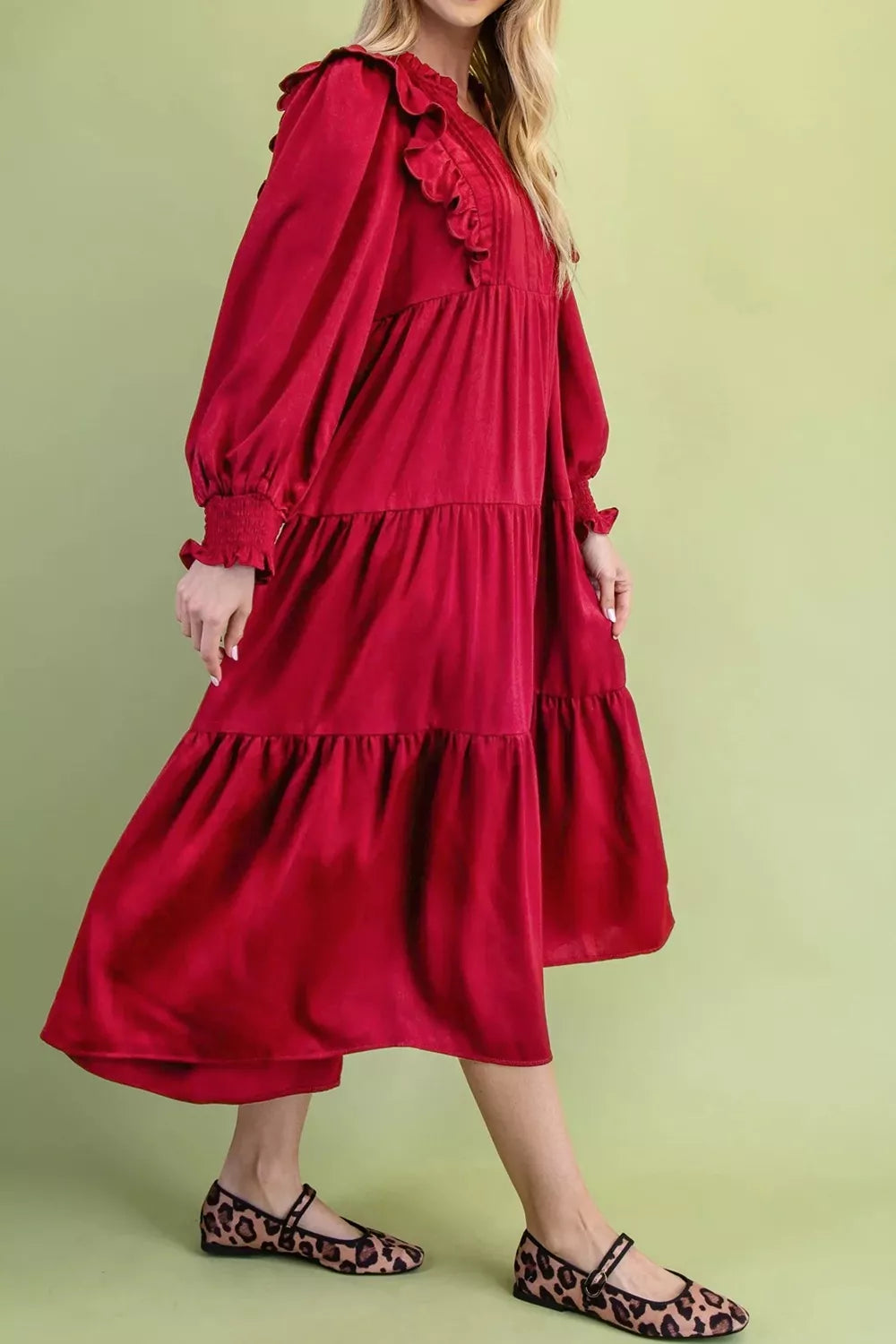 YSONA Solid Color Ruffle Trim Long Sleeve Tiered Shift Midi Dress — detail view | Women's Dress