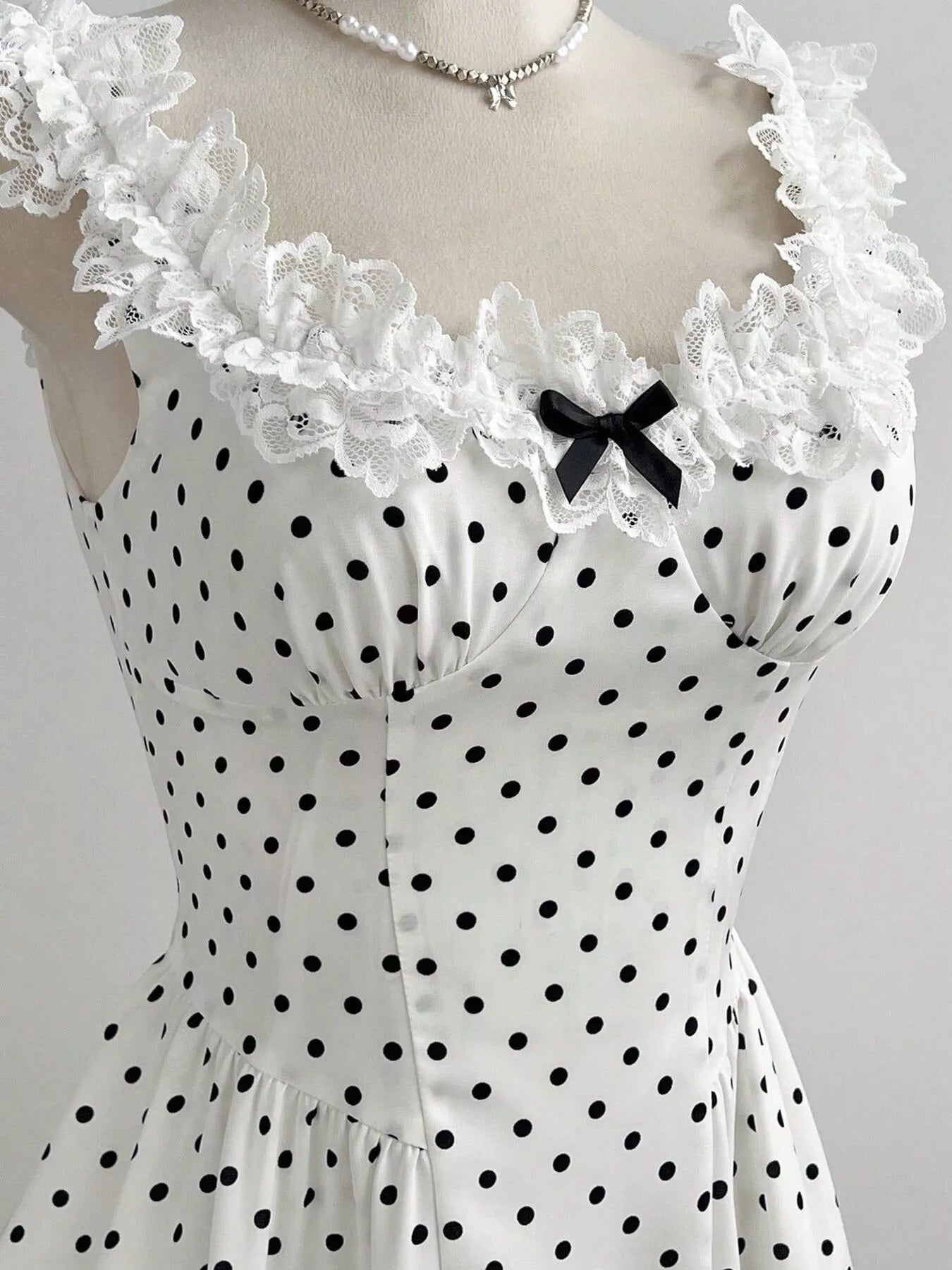 YSONA Polka Dot Lace Trim Mini Dress — detail view | Women's Dress | Shop YSONA