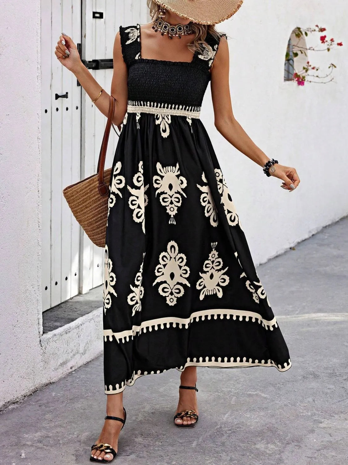 YSONA Smocked Printed Wide Strap Maxi Dress — back view | Women's Dress | Shop YSONA