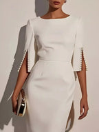 YSONA Slim-Fit Elegant Midi Dress with Beaded Slit Sleeve — back view | Women's Dress | Shop YSONA