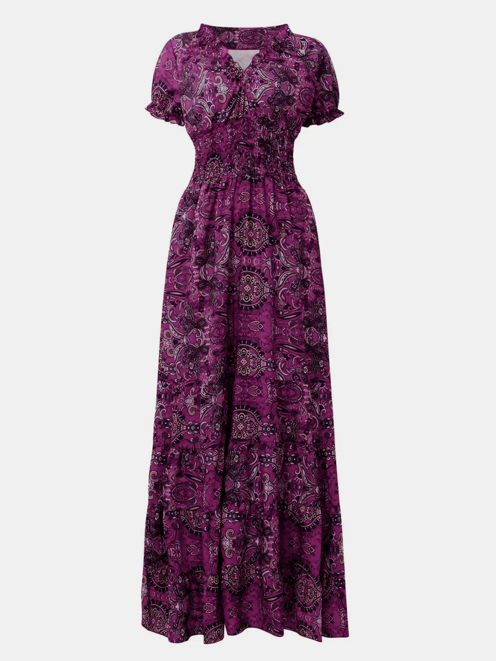YSONA Full Size Smocked Printed V-Neck Short Sleeve Dress — full length view | Women's Dress