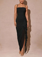 YSONA Slit Asymmetrical Hem Spaghetti Strap Maxi Dress — side view | Women's Dress | Shop YSONA