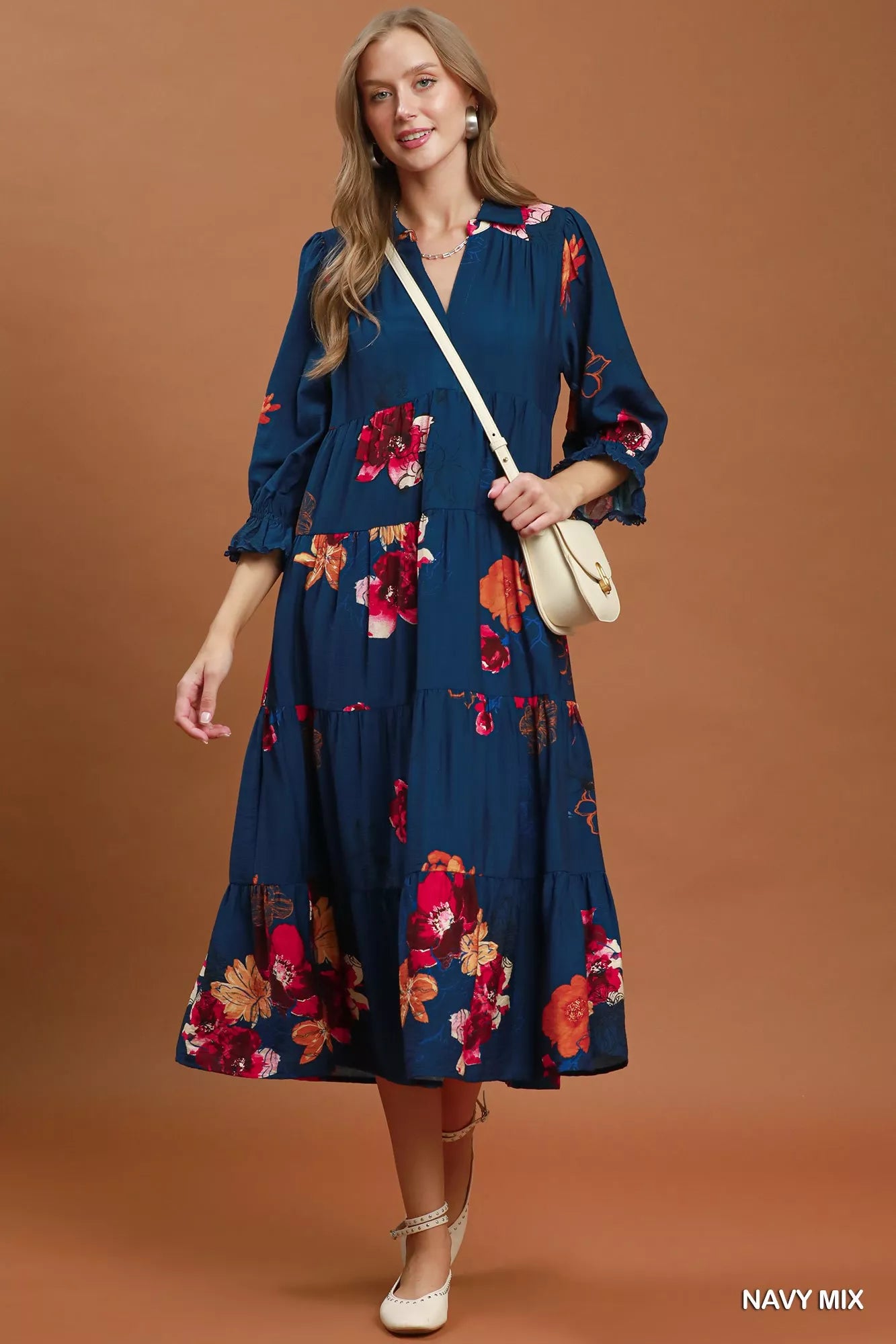 YSONA Umgee Floral Print Tiered Midi Dress with Puff Sleeves — model wearing | Women's Dress | Shop YSONA