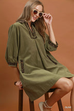 YSONA Umgee V-Neck Shift Dress with Contrast Trim — close-up view | Women's Dress | Shop YSONA