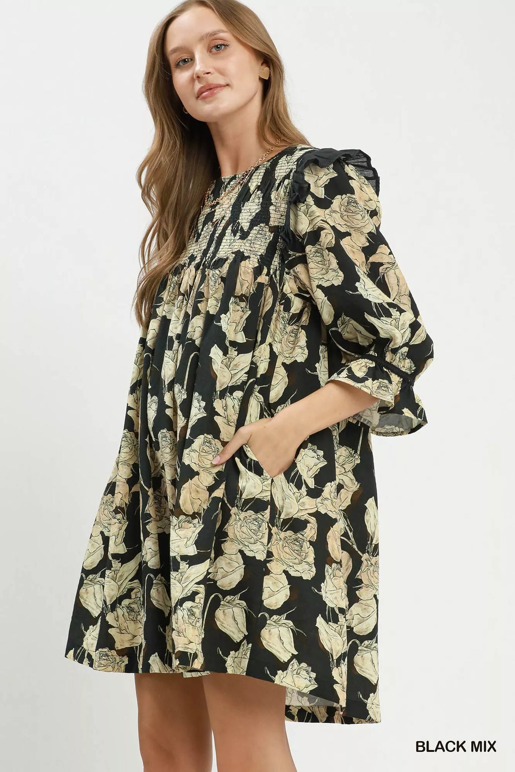 YSONA Umgee Mix Floral Print Smocked Ruffle Detail Flowy Dress — back view | Women's Dress