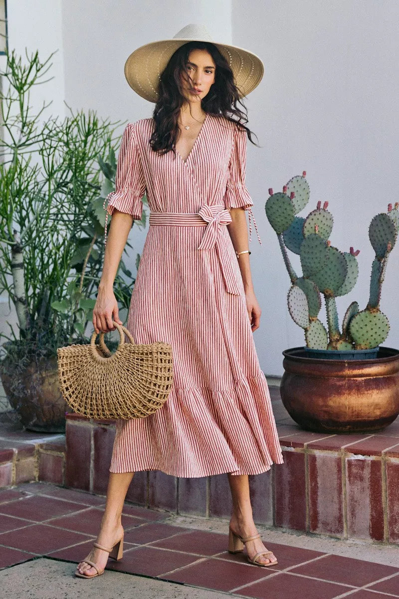 YSONA Stripe Textured Short Sleeves Lined Wrap Midi Dress — full length view | Women's Dress | Shop YSONA