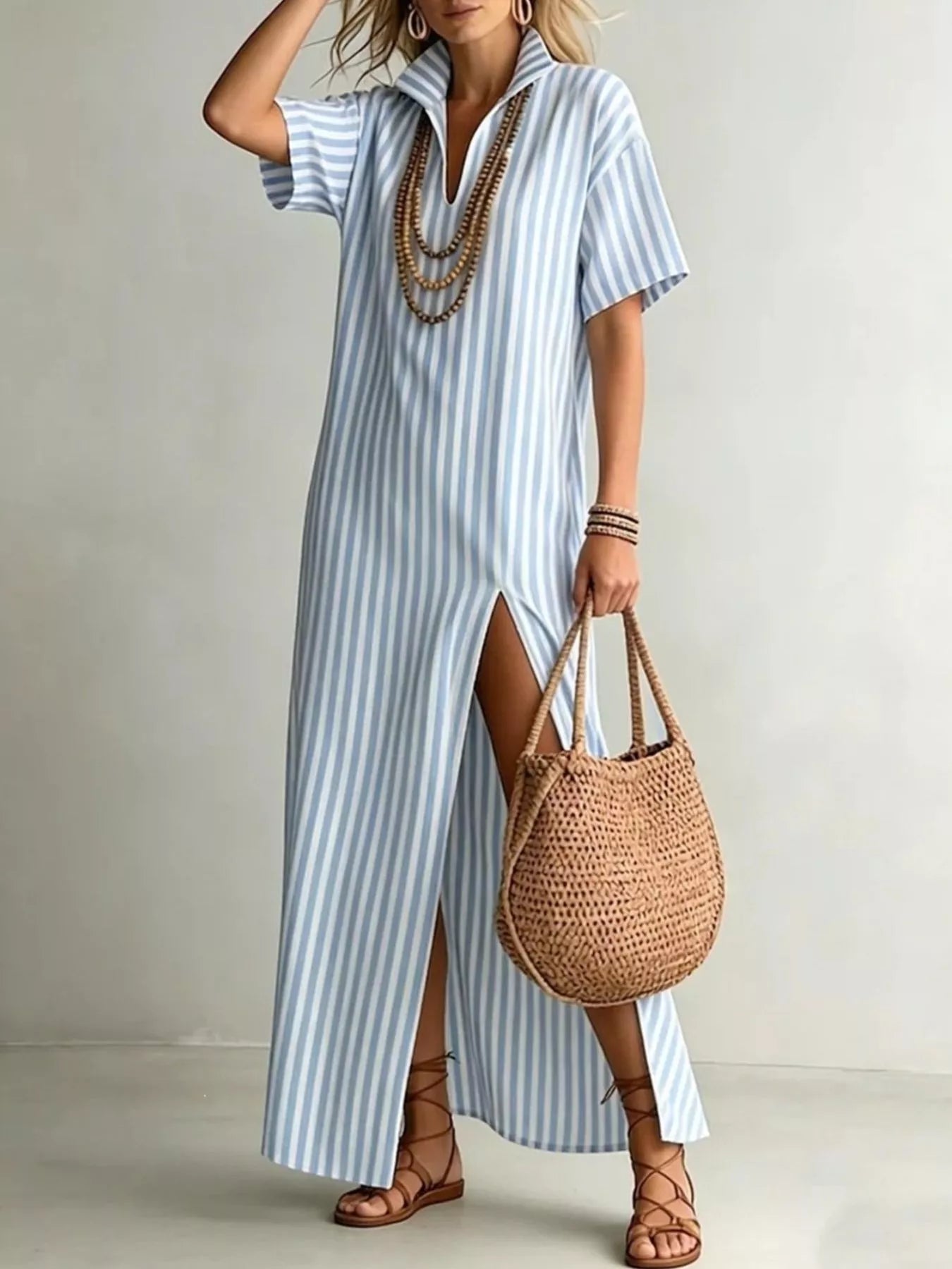 YSONA Full Size Striped Maxi Dress with Side Slit Plus Size — front view | Women's Dress