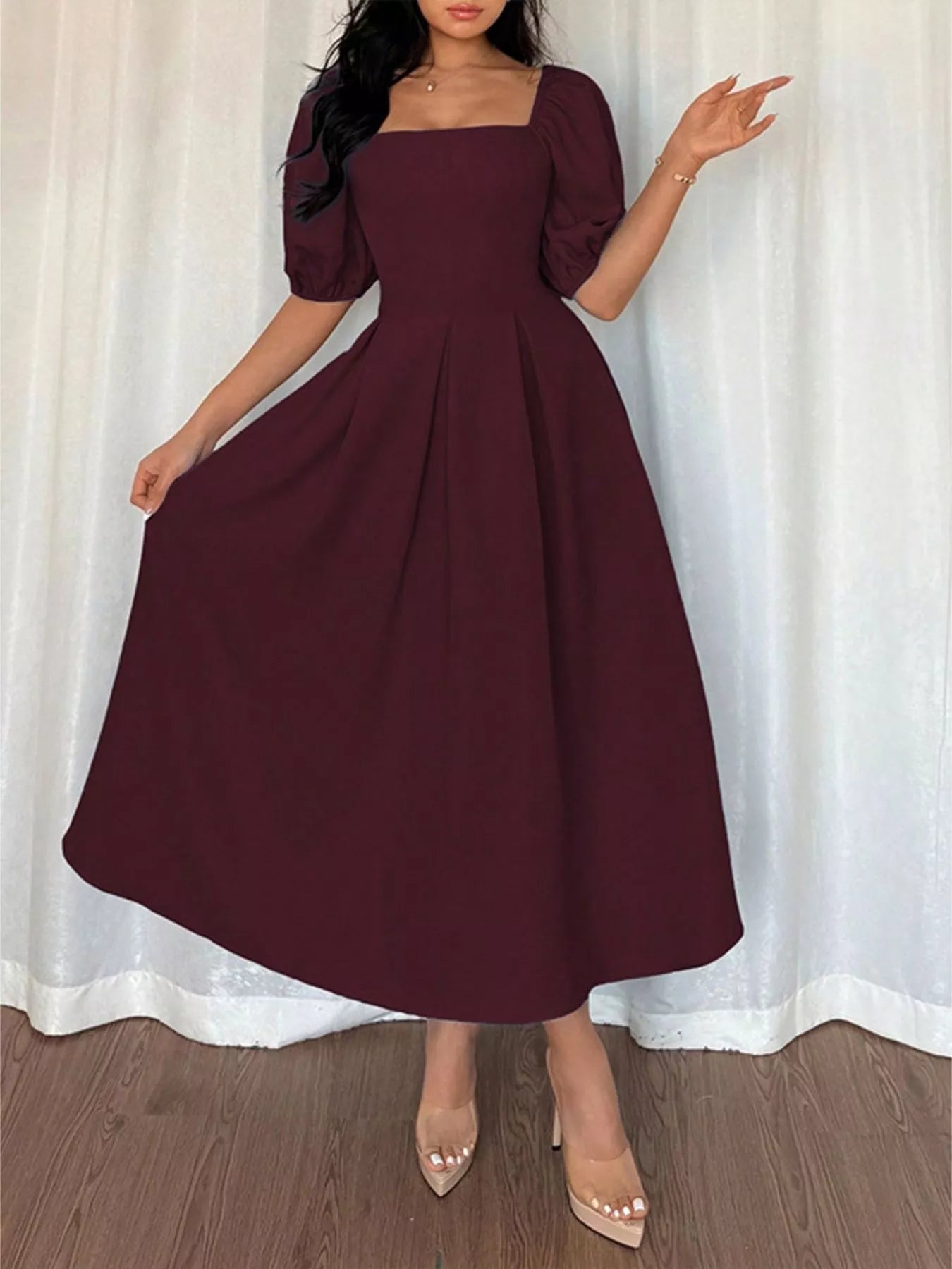 YSONA Square Neck Flutter Sleeve Midi Dress — detail view | Women's Dress | Shop YSONA