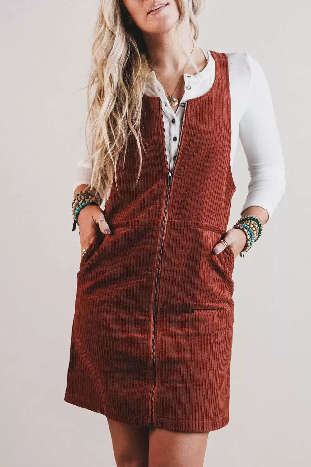 YSONA Ribbed Corduroy Zip-Up Sleeveless Pocket Sheath Dress — front view | Women's Dress | Shop YSONA