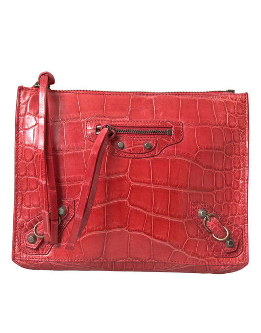 Balenciaga Red Exotic Skin Leather Classic Pouch Purse Wristlet Bag - YSONA